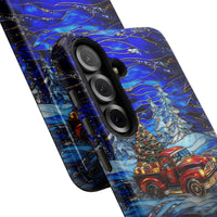 Stained Glass Winter Phone Case, Christmas Red Truck Samsung Galaxy Case, Vintage Pickup Tough Galaxy Case, Holiday Phone Cover