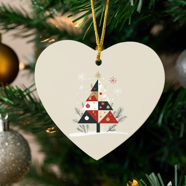 Modern Patchwork Heart Ornament, Geometric Christmas Tree Heart Ornament, Glossy Ceramic Holiday Heart Ornament, Festive Xmas