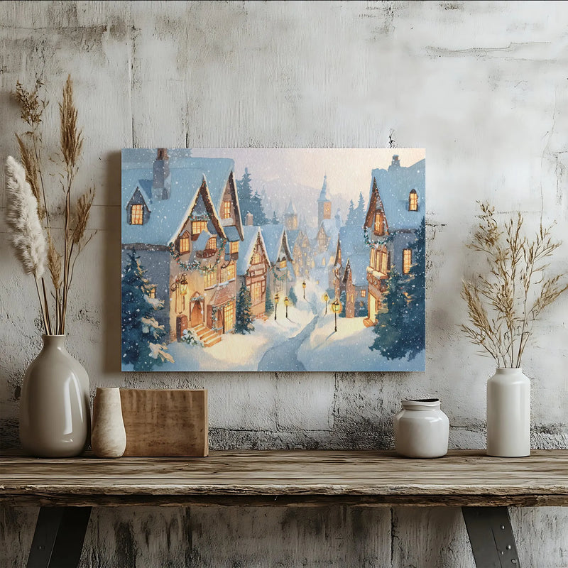 Winter Town Watercolor Canvas, Christmas Village Canvas Wall Art, Holiday Seasonal Canvas Print, Comfy Xmas Wall Decor, Christmas Present