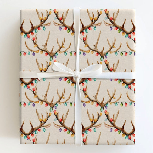 Holiday Lights Deer Gift Wrap, Deer Antler Christmas Wrapping Paper, Rustic Watercolor Antlers Wrapping Paper, Country Gift W