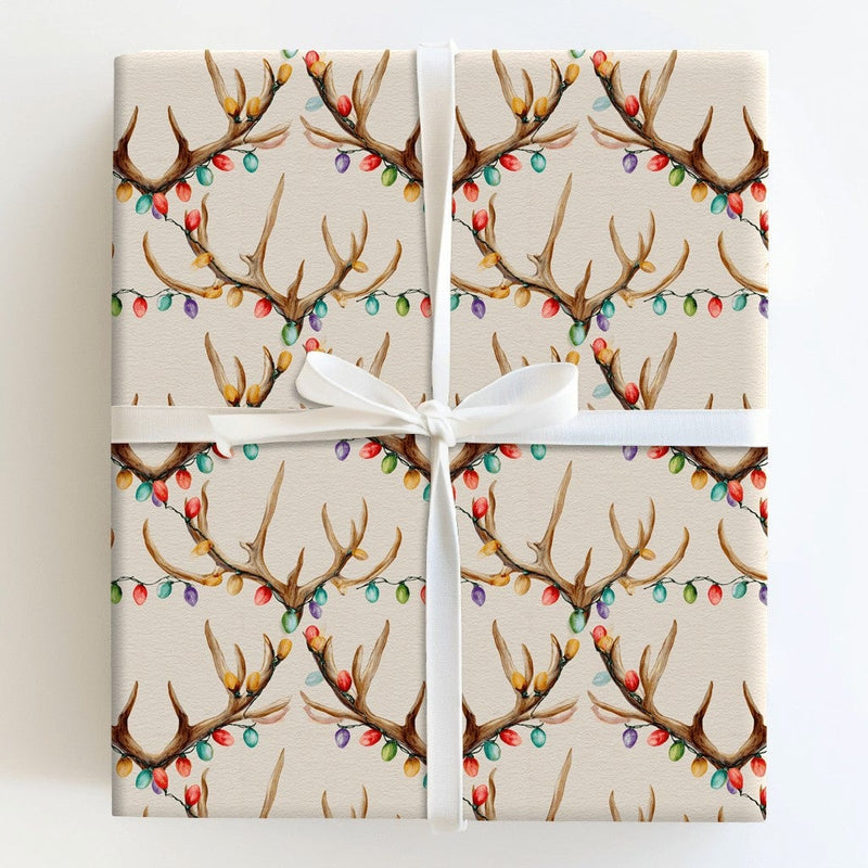 Holiday Lights Deer Gift Wrap, Deer Antler Christmas Wrapping Paper, Rustic Watercolor Antlers Wrapping Paper, Country Gift Wrap Roll