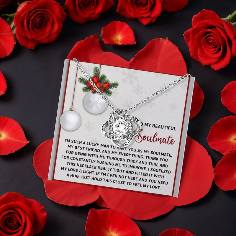 Sparkling CZ Crystal Pendant Necklace, Soulmate Love Knot Necklace, Romantic Holiday Knot Necklace, Christmas Jewelry Present for Her