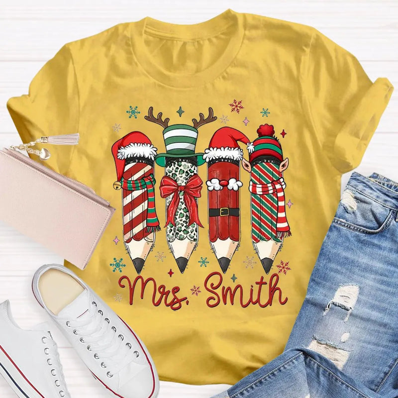 Adorable Pencil Holiday T-Shirt, Personalized Teacher Christmas Shirt, Custom Teacher Tee, Festive School Graphic Shirt, Holiday Teacher Present
