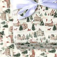 Horse Sleigh Holiday Gift Wrap, Snowy Village Christmas Wrapping Paper, Watercolor Winter Wonderland Gift Wrapping Paper, Comfy Present Wrap