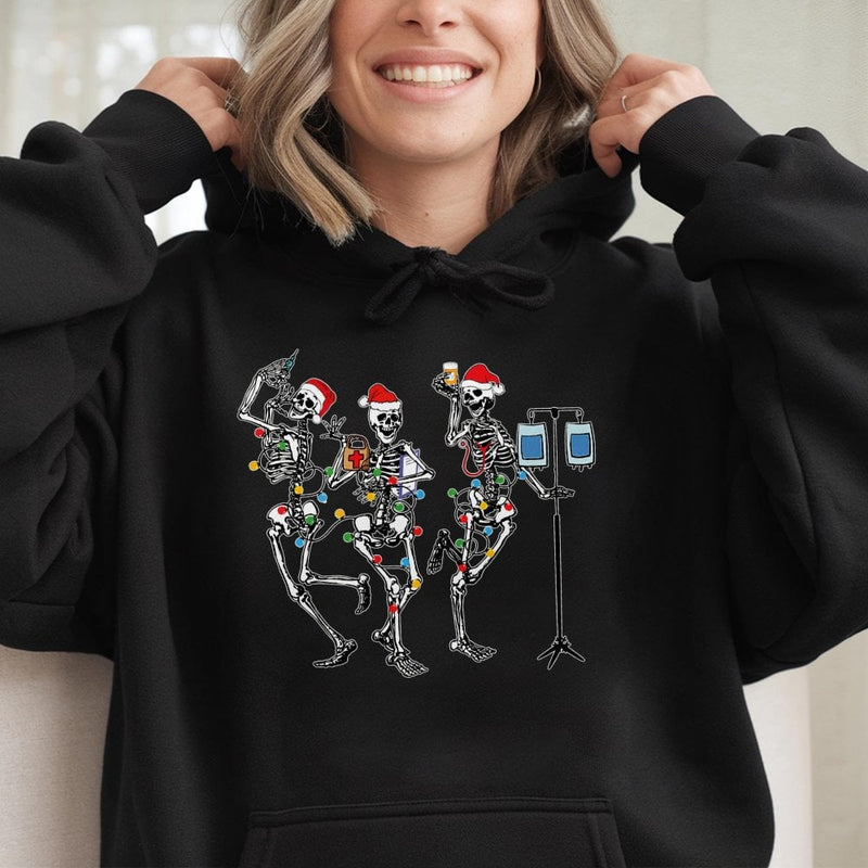Dancing Skeleton Medical Nurse Hooded Sweatshirt, Christmas Nurse Hoodie, Humorous Xmas Healthcare Staff Sweater, Holiday Nurse Present