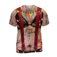 Hairy Chest Bikini Suspenders Shirt, Humorous Ugly Christmas T-Shirt, Hilarious Holiday Graphic Tee, Gag Present Xmas Party T-Shirt