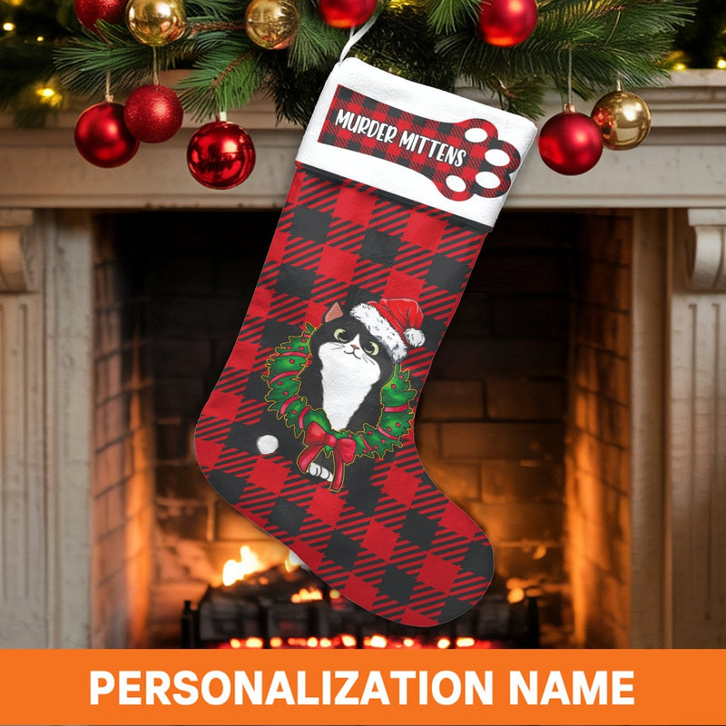 Humorous Black Cat Holiday Stocking, Personalized Murder Mittens Cat Christmas Stocking, Custom Pet Name Xmas Stocking, Pet Lover Decor Present