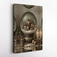Festive Presents Candles Canvas Print, Vintage Christmas Snow Globe Canvas Wall Art, Holiday Seasonal Canvas, Digital Download Present