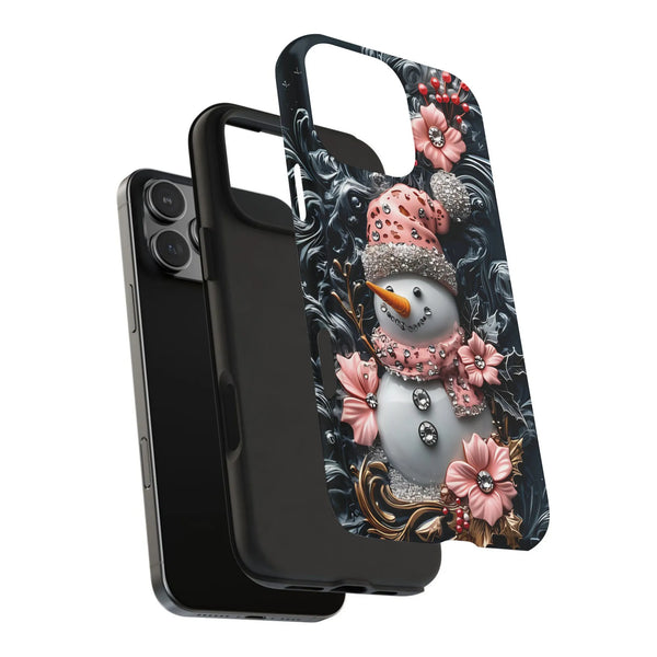 3D Winter Holiday Phone Case, Pink Jeweled Floral Snowman iPhone Case, Adorable Festive Tough Phone Cover, Christmas Phone Ca