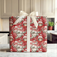 Adorable Santa Hat Gift Wrap, Christmas Monkey Wrapping Paper, Watercolor Animal Wrapping Paper, Red Winter Holiday Paper