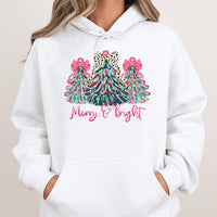 Leopard Print Xmas Tree Hoodie, Merry and Bright Christmas Hoodie, Colorful Holiday Sweatshirt, Christmas Hooded Sweatshirt, Present for Her