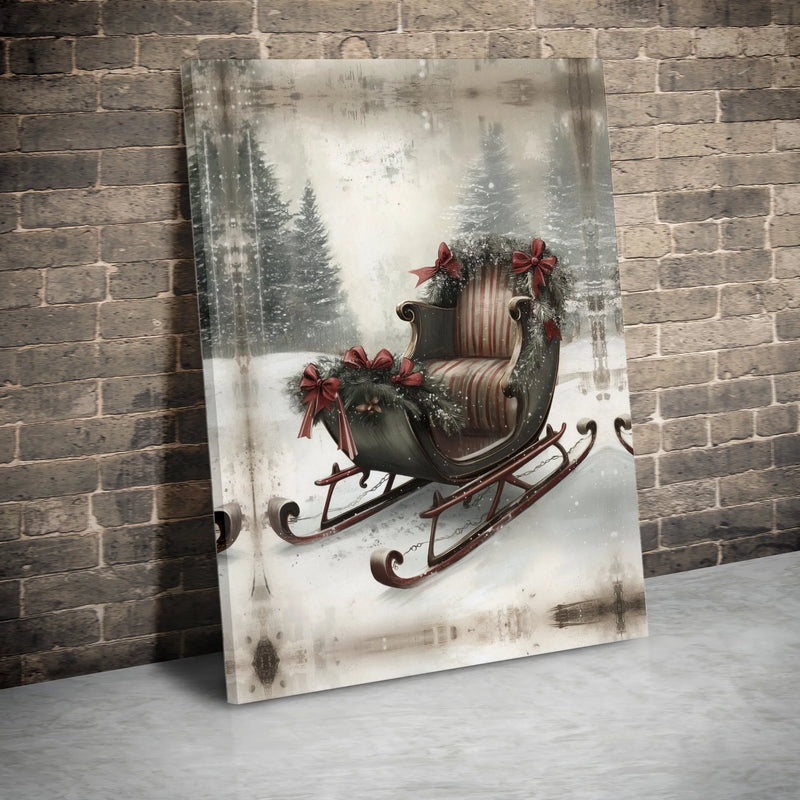 Snowy Forest Winter Landscape Wall Art, Vintage Christmas Sleigh Canvas Print, Rustic Holiday Wall Decor, Farmhouse Xmas Season Present
