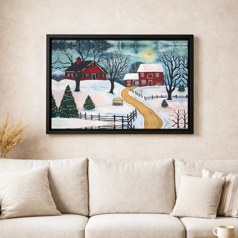 Christmas Farmhouse Canvas Print, Snowy Red Barn Canvas Wall Art, Winter Landscape Canvas Decor, Rustic Holiday Farmhouse Wall Art