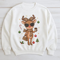 Leopard Print Reindeer Sweatshirt, Boujee Reindeer Sweatshirt, Christmas Deer Holiday Crewneck, Adorable Winter Pullover Reindeer Sweatshirt