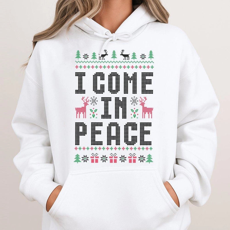 Humorous Holiday Pullover, I Come in Peace Ugly Christmas Hoodie, Alien Christmas Sweatshirt, Retro Xmas Hooded Sweater, Matching Couples Present