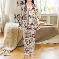 Deer Cabin Christmas Pajama Set, Winter Toile Satin Pajamas, Comfy Holiday Sleepwear, Rustic Forest Long Sleeve Pajama Set, Xmas Present for Her