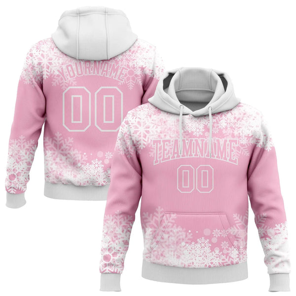 3D Pink White Winter Design Sweatshirt, Custom Christmas Snowflake Hoodie, Personalized Sports Pullover, Xmas Holiday Fan Pre