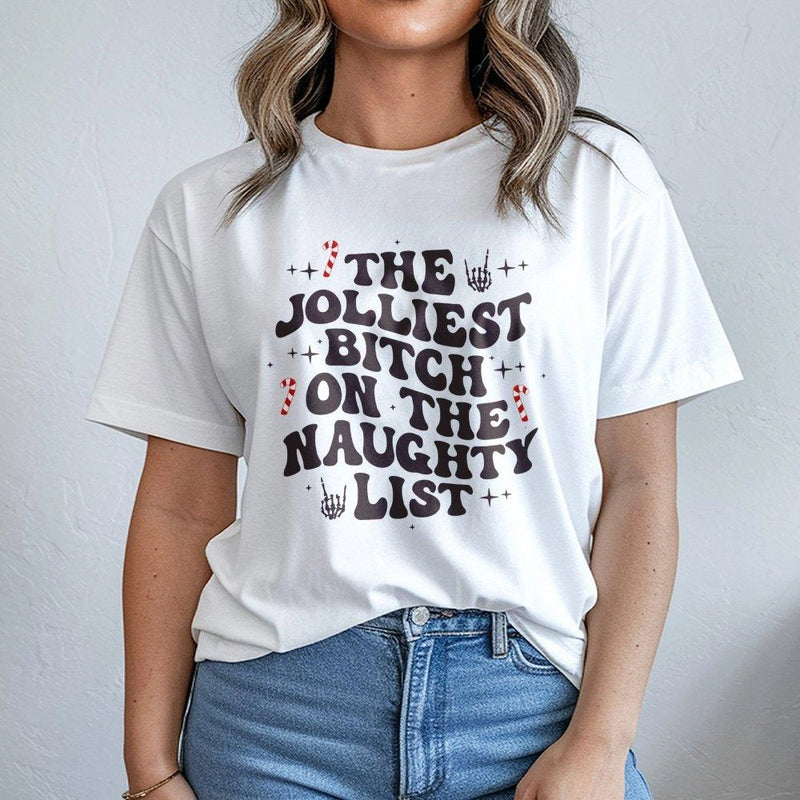 Humorous Christmas Retro Graphic Tee, Jolliest Bitch on the Naughty List T-Shirt, Sarcastic Holiday Party Shirt, Festive Humor Present