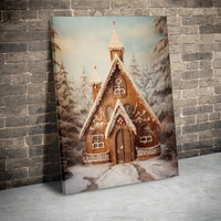 Snowy Winter Forest Canvas Print, Gingerbread House Church Canvas Wall Art, Holiday Landscape Canvas, Christmas Church Wall Decor