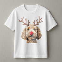 Reindeer Antlers Dog Shirt, Goldendoodle Christmas T-Shirt, Humorous Red Nose Graphic Tee, Adorable Puppy Holiday T-Shirt, Pet Lover Xmas Present