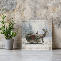 Rustic Christmas Sleigh Canvas, Winter Deer Square Canvas Wall Art, Bullfinch Berry Farmhouse Wall Art, Holiday Nature Canvas Print