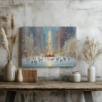 Winter Holiday Canvas, Christmas Tree Ice Skating Canvas Print, Festive City Scene Canvas Wall Art, Seasonal Home Decor, Holiday Present