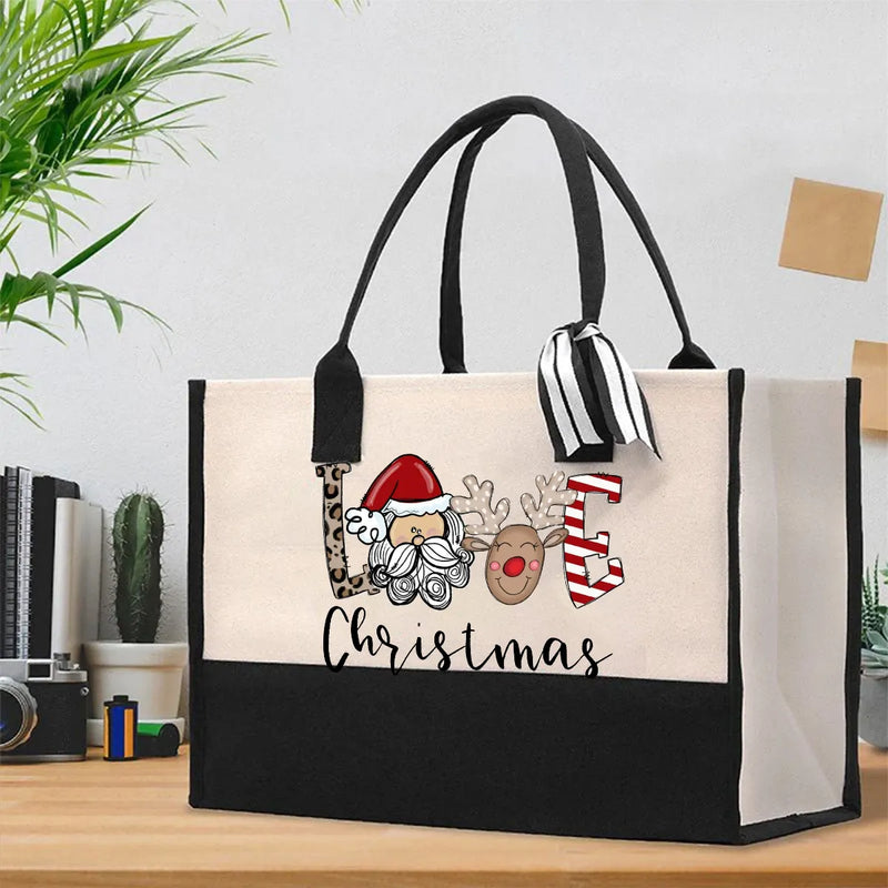 Festive Holiday Canvas Tote, Christmas Love Cotton Tote Bag, Winter Daily Shoulder Bag, Reusable Grocery Shopper, Xmas Present for Her