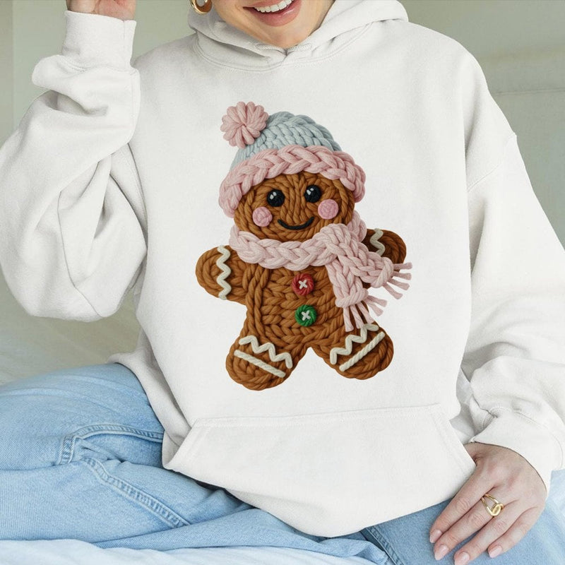 Knitted Yarn Texture Christmas Sweatshirt, Adorable Gingerbread Man Hoodie, Comfy Holiday Cookie Pullover, Retro Winter Xmas Hooded Sweater