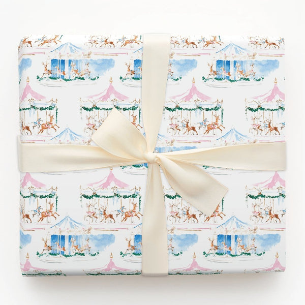 Whimsical Holiday Gift Wrap, Watercolor Reindeer Carousel Wrapping Paper, Festive Winter Festival Paper, Adorable Christmas P
