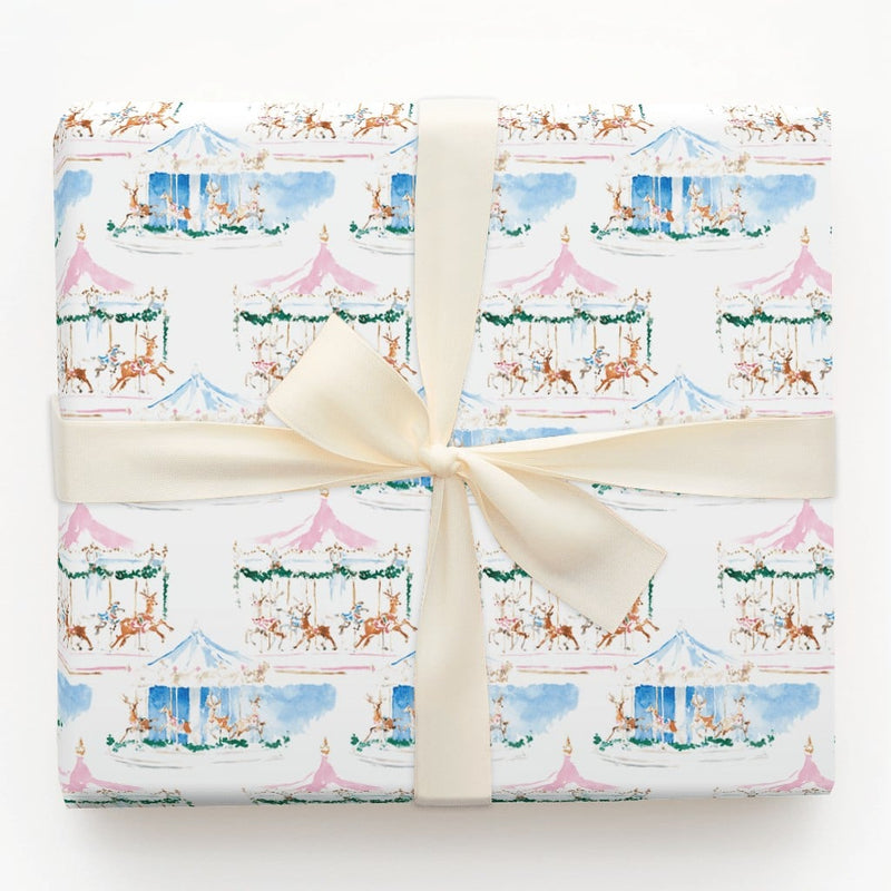Whimsical Holiday Gift Wrap, Watercolor Reindeer Carousel Wrapping Paper, Festive Winter Festival Paper, Adorable Christmas Present Gift Wrap
