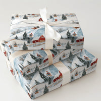 Rustic Red Barn Christmas Gift Wrap, Winter Sledding Wrapping Paper, Country Snow Scene Wrapping Paper, Festive Holiday Present Paper Roll