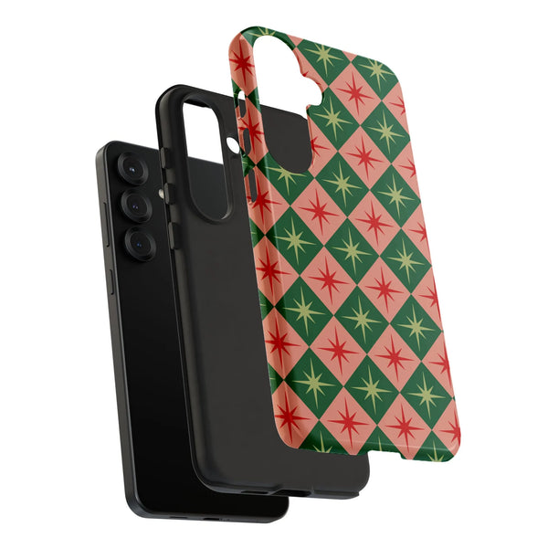 Mid-Century Star Pattern Phone Cover, Retro Starburst Checkered Phone Case for Samsung Galaxy, Vintage Christmas Geometric Pr