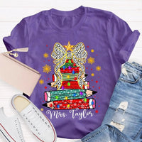 Custom Name Pencil Snowflake Tee, Personalized Teacher Christmas Tree Shirt, Holiday Teacher T-Shirt, Christmas Teacher Present