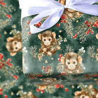 Adorable Animal Holiday Gift Wrap, Watercolor Baby Monkey Christmas Wrapping Paper, Pine Berry Monkey Wrapping Paper, Green Xmas Gift Wrap Roll