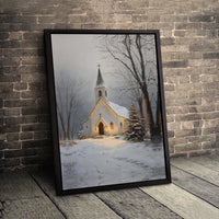 Snowy Christmas Tree Scene Canvas Print, Winter Church Canvas Wall Art, Comfy Rustic Chapel Canvas Art, Holiday Season Wall Decor Present
