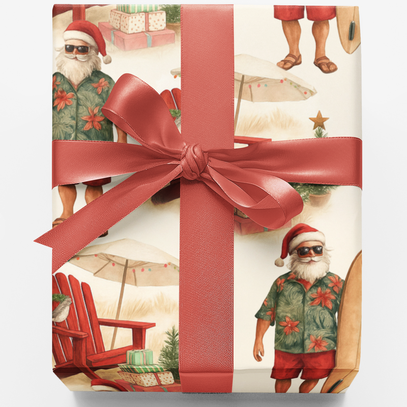 Beach Surfing Santa Gift Wrap, Tropical Santa Christmas Wrapping Paper, Coastal Holiday Present Paper, Summer Xmas Gift Wrapping Roll