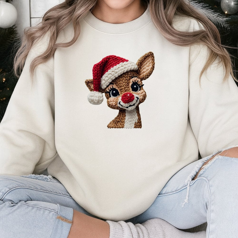 Faux Yarn Knit Holiday Sweater, Reindeer Christmas Sweatshirt, Adorable Reindeer Graphic Crewneck, Comfy Winter Pullover, Xmas Present for Men Women