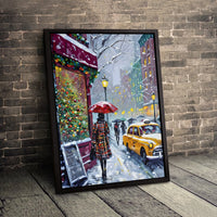 Snowy Cityscape Yellow Taxi Red Umbrella Print, NYC Christmas Canvas Wall Art, Winter New York City Canvas Decor, Holiday Wall Art