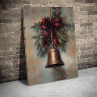 Rustic Pine Bough Holiday Canvas Print, Vintage Christmas Bell Canvas Wall Art, Red Bow Winter Canvas, Festive Christmas Wall Decor