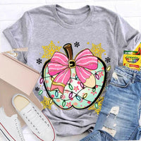 Festive Teacher Holiday Shirt, Christmas Lights Snowflakes Bow Apple T-Shirt, Adorable Coquette Winter Graphic Tee, Xmas Present for Her
