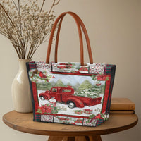Winter Snowman Cardinal Tote Bag, Christmas Red Truck Tote Bag, Vintage Holiday Farmhouse Tote Bag, Retro Xmas Handbag, Present for Women