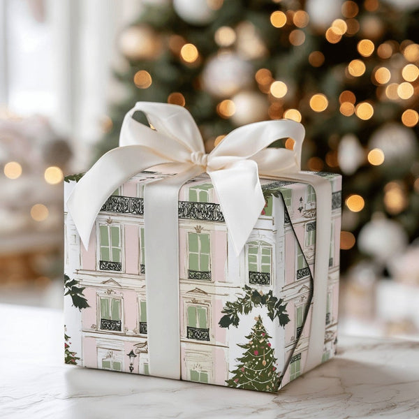 Pink Parisian Building Gift Wrap, Paris Christmas Wrapping Paper, French City House Wrapping Paper, Elegant Holiday Christmas