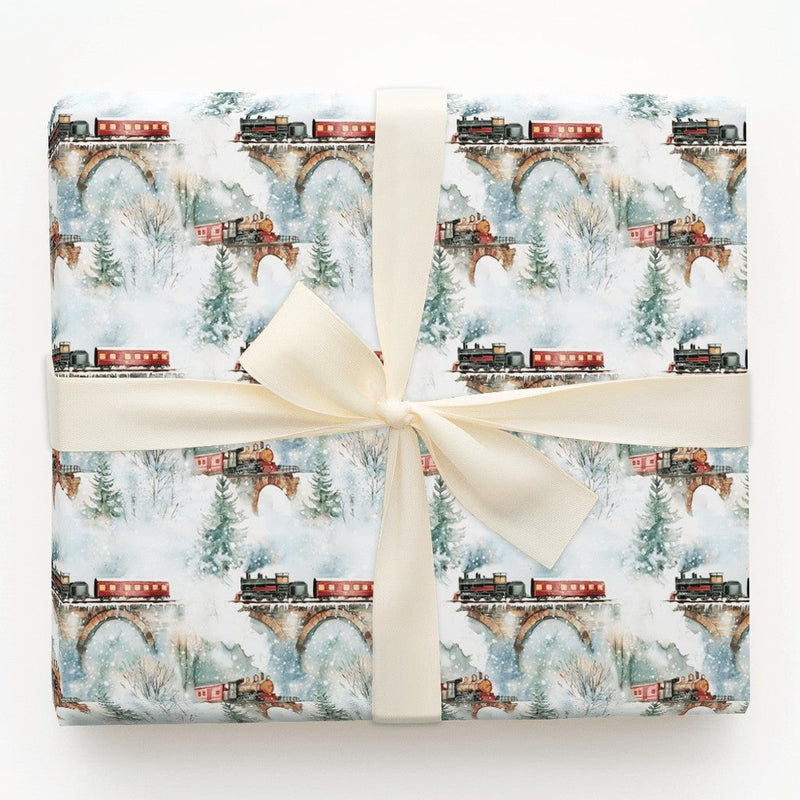 Vintage Winter Landscape Gift Wrap, Steam Train Wrapping Paper, Watercolor Locomotive Present Paper, Nostalgic Christmas Holiday Gift Wrap
