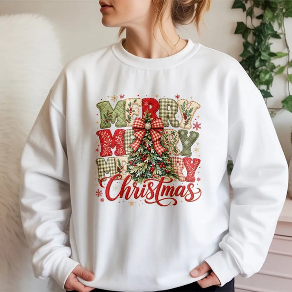 Plaid Christmas Tree Sweater, Merry Merry Merry Christmas Sweatshirt, Vintage Holiday Crewneck, Rustic Christmas Pullover, Wo