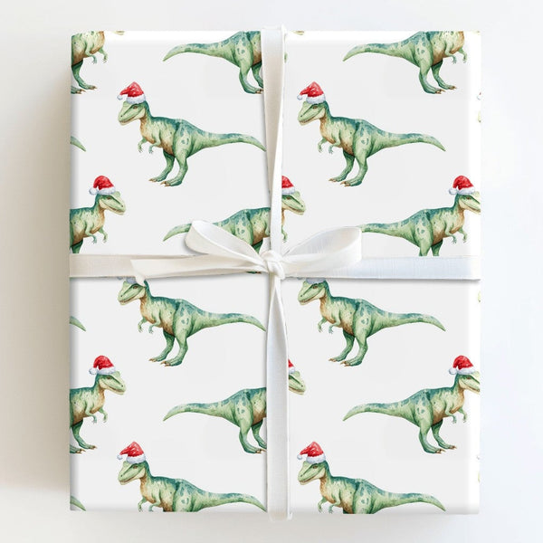 Watercolor TRex Dinosaur Gift Wrap, Dinosaur Christmas Wrapping Paper, Santa Hat Dinosaur Wrapping Paper, Kids Holiday Dinosa
