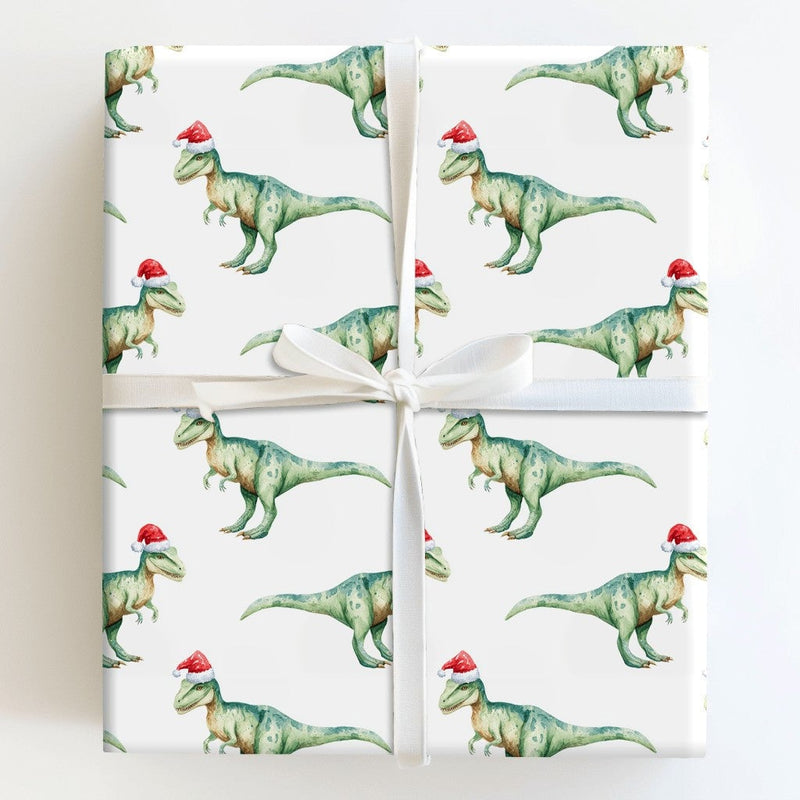 Watercolor TRex Dinosaur Gift Wrap, Dinosaur Christmas Wrapping Paper, Santa Hat Dinosaur Wrapping Paper, Kids Holiday Dinosaur Gift Wrap