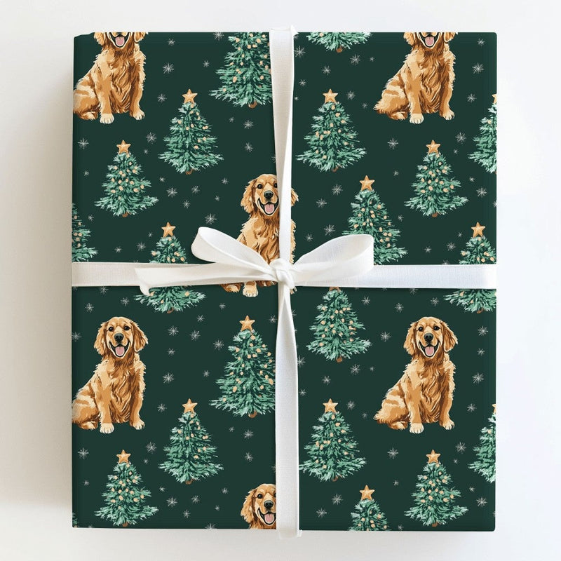 Green Holiday Dog Gift Wrap, Golden Retriever Christmas Wrapping Paper, Winter Retriever Wrapping Paper, Christmas Tree Dog Present Paper