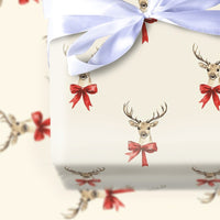 Red Bow Reindeer Gift Wrap, Watercolor Reindeer Wrapping Paper, Rustic Holiday Reindeer Paper Roll, Cream Christmas Gift Wrapping Paper