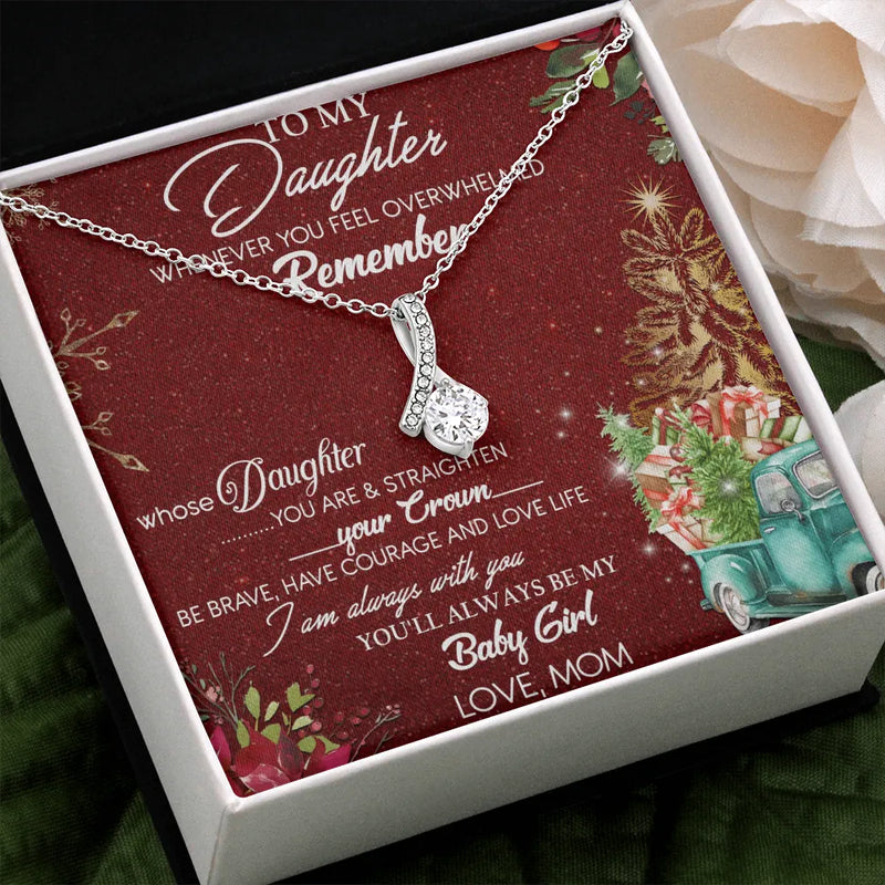 Ribbon Pendant with Cubic Zirconia, To My Daughter Necklace, 14k White Gold over Stainless Steel, Christmas Birthday Graduation Present
