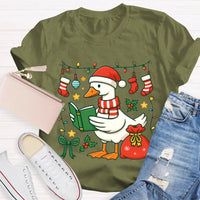 Humorous Holiday Bookworm Goose Shirt, Christmas Goose Reading Book T-Shirt, Adorable Winter Reading Tee, Book Lover Christmas Present T-Shirt